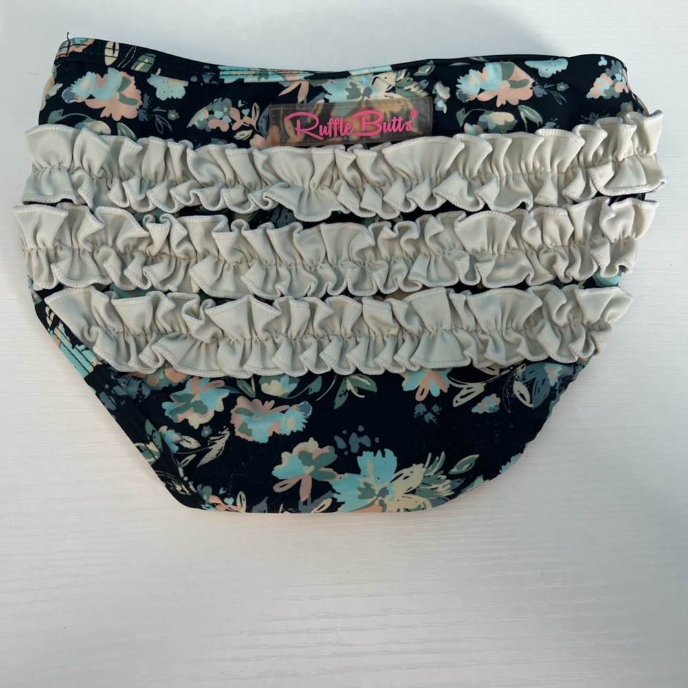Ruffle Butts Floral Ruffle Swim Bottom - Black and Cream